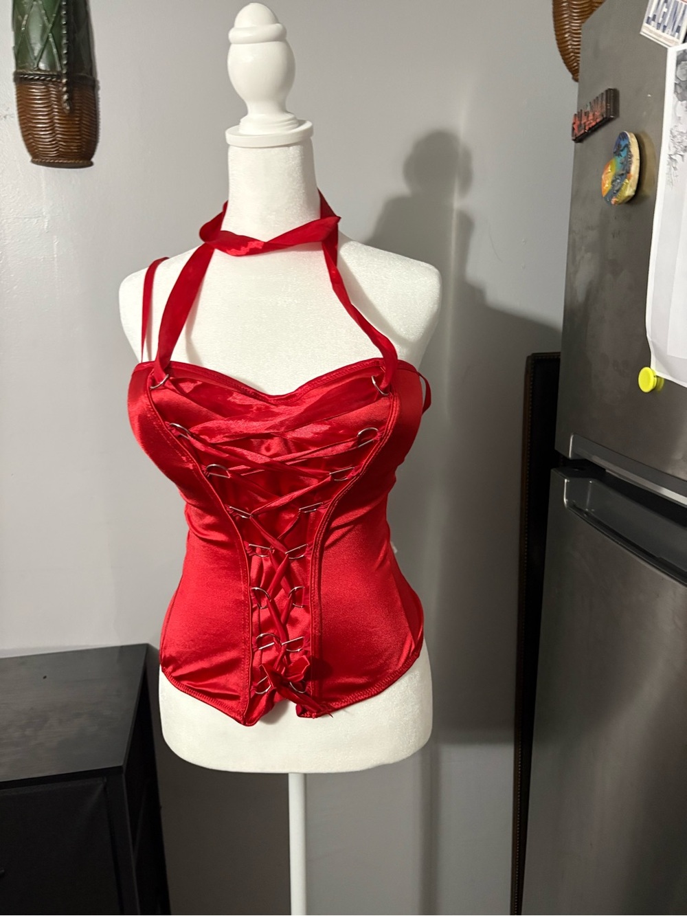 Red Satin Lace-Up Halter Corset Top